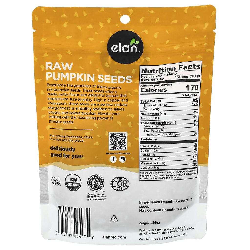Elan Organic Pumpkin Seeds, Raw, 185g (6.5oz)