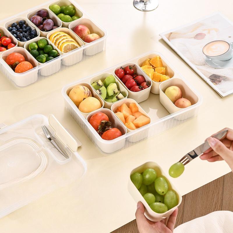 Eight-compartment Food Storage Box with Four Forks, Outdoor Picnic Covered Fruit Storage Box, Food-grade Compartments