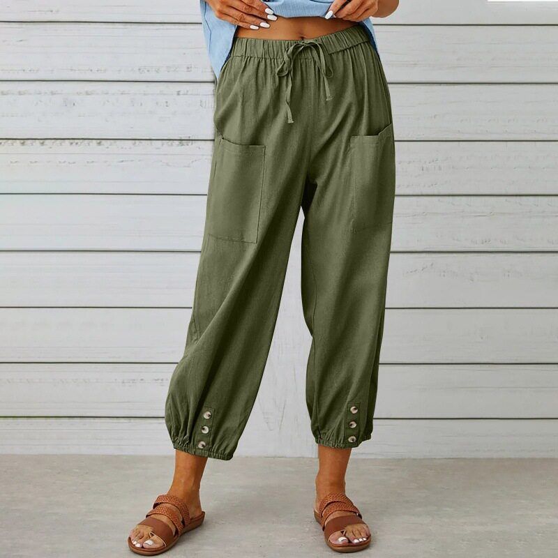 2025 New European and American Cross-Border Amazon Wish Loose High-Waisted Buttoned Cotton-Linen Cropped Wide-Leg Women's Pants