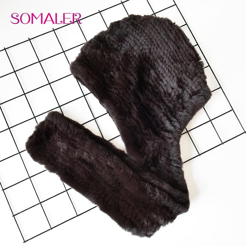 SOMALER Vinter kaninpelshue Skjerf for kvinner Russisk stil strikket pelsbeanies og skjerf