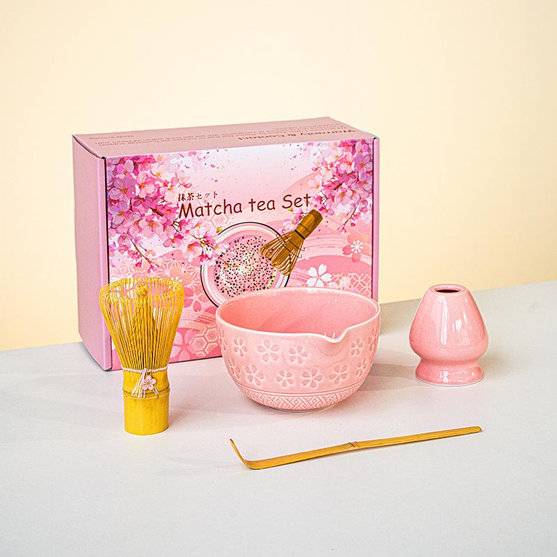 

Набор Сакура Матча из 4 предметов Японский набор для матча с чашей с носиком, бамбуковым венчиком часен, подставкой для часена Подарочная коробка Сакура Матча