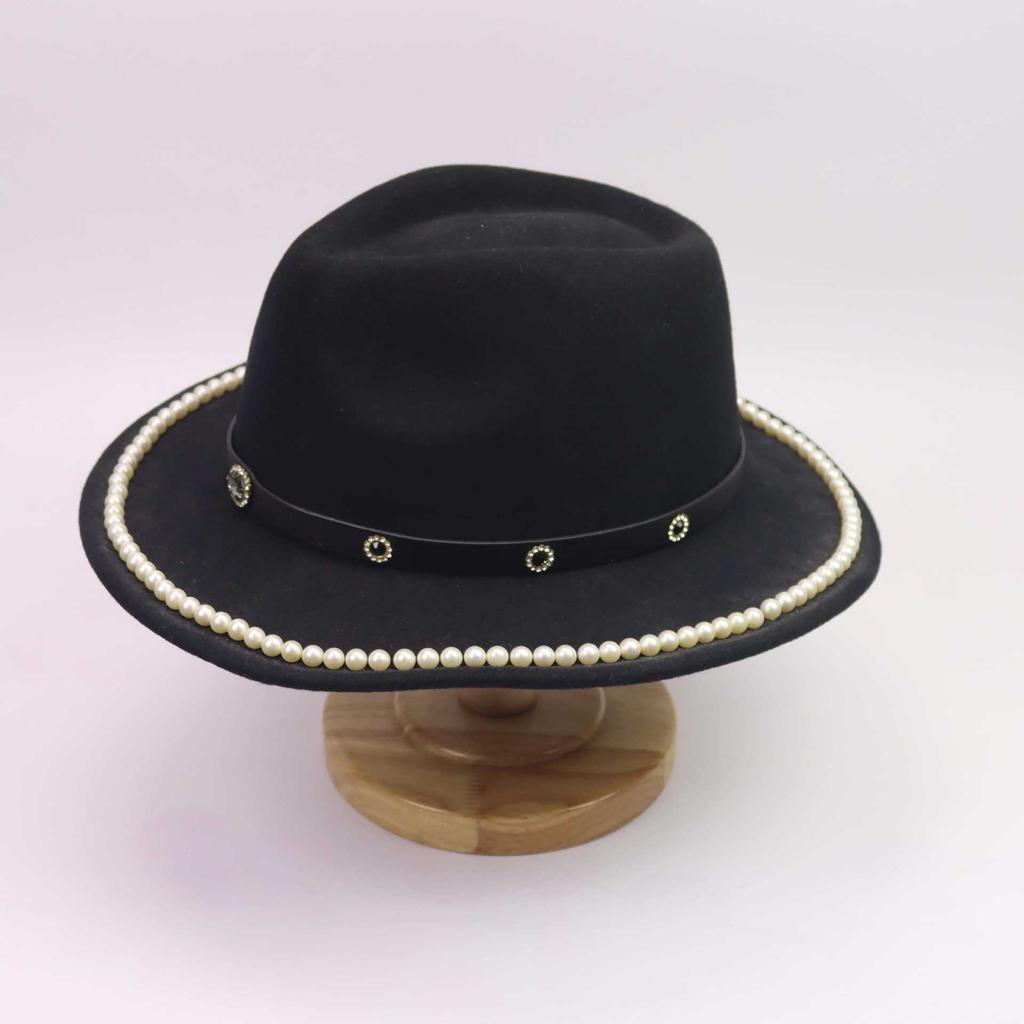 European and American Woolen Hat Ethnic Style Jazz Hat Pearl Accessories Retro Black Denim Top Hat