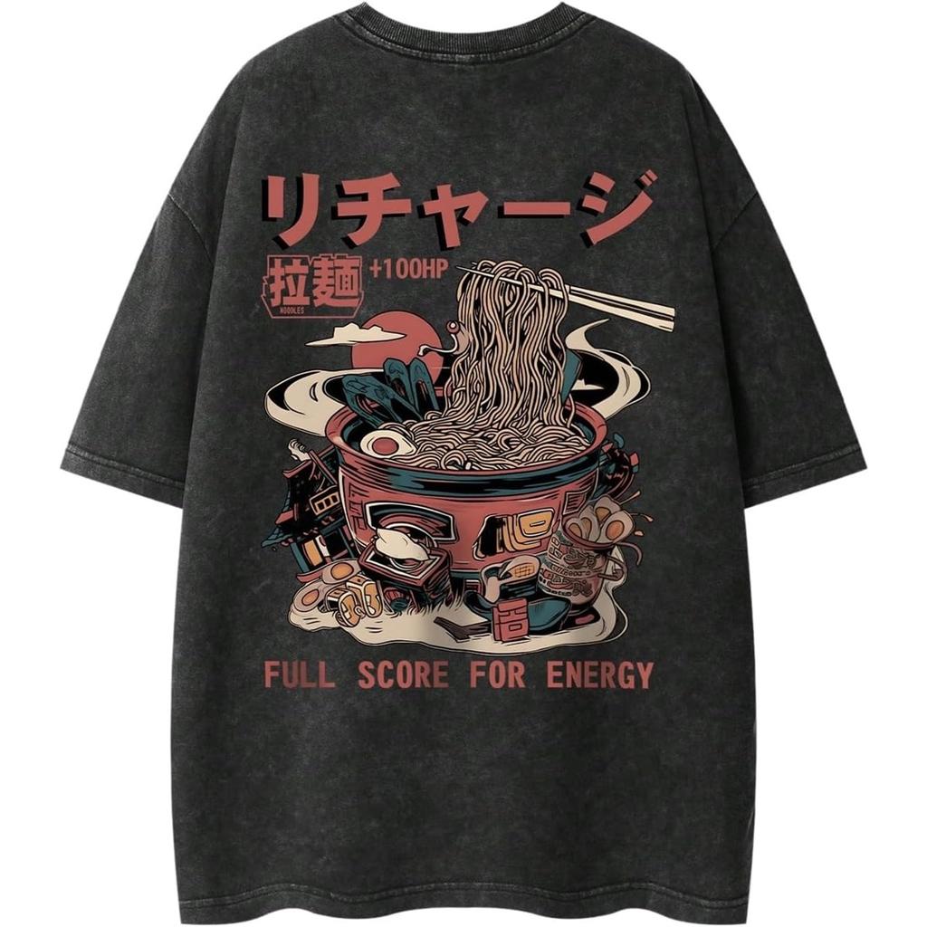 Washed Double-Sided Ramen Print 100% Cotton Oversized Short Sleeve T-shirt
