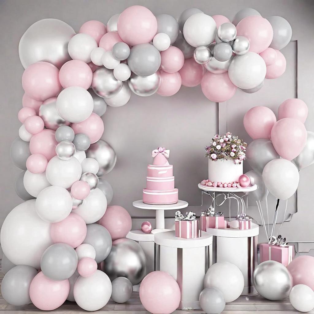 97PCS pink, white, silver, gray latex balloon set suitable for birthday parties, weddings, Valentine's Day parties, decoration
