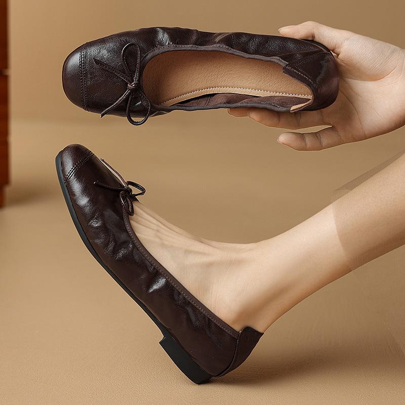 Fashion Soft Pu Leather Single Shoes for Women Shallow Bow Ballet Flats Round Toe Slip on Mid Heel Pumps Zapatos De Mujer Size 35-40