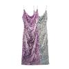 2025 Spring Women's Sequin Embellished Draped Collar Slim Midi Slip Dress