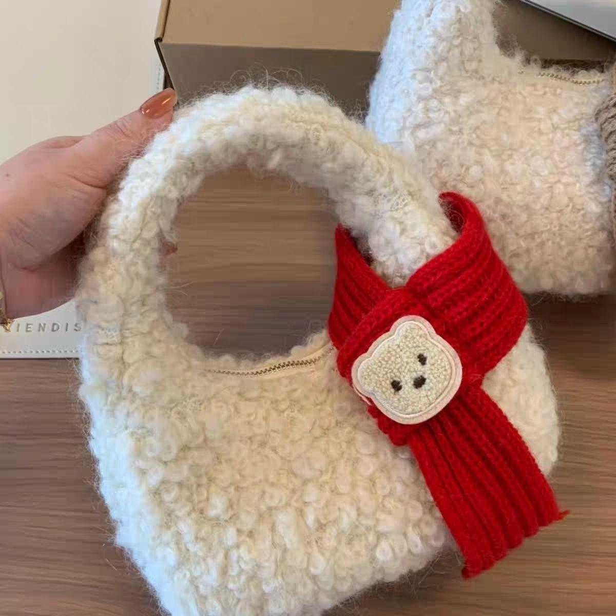 

Korean Sweet Cute Bear Scarf Handbag Women Beige Plush Small Capacity Shoulder Bag Ladies Gentle Versatile Daily Crossbody Bags бежевый