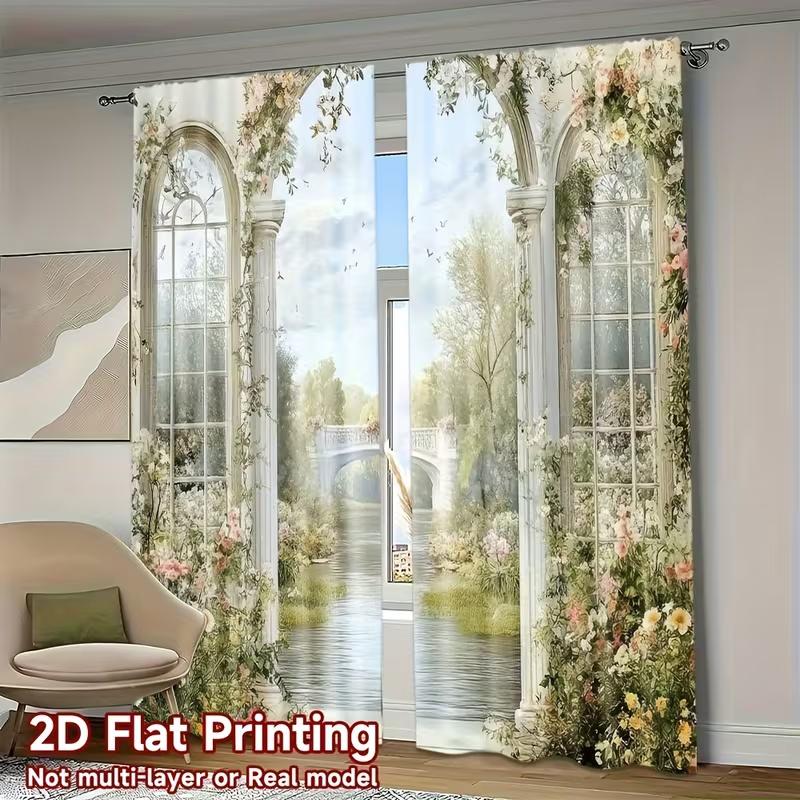 2 Stück Palastbogen Blumen Druck Vorhänge, geeignet für Schlafzimmer, Wohnzimmer, Heimdekoration, Wohnzimmer Vorhang Set Fenstervorhang