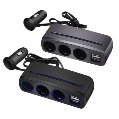 Vehicle Charging Hub  3 Way Cigarettes Lighter Socket, 2 USB Interfaces, Extended Cable for Multiple Device Powering