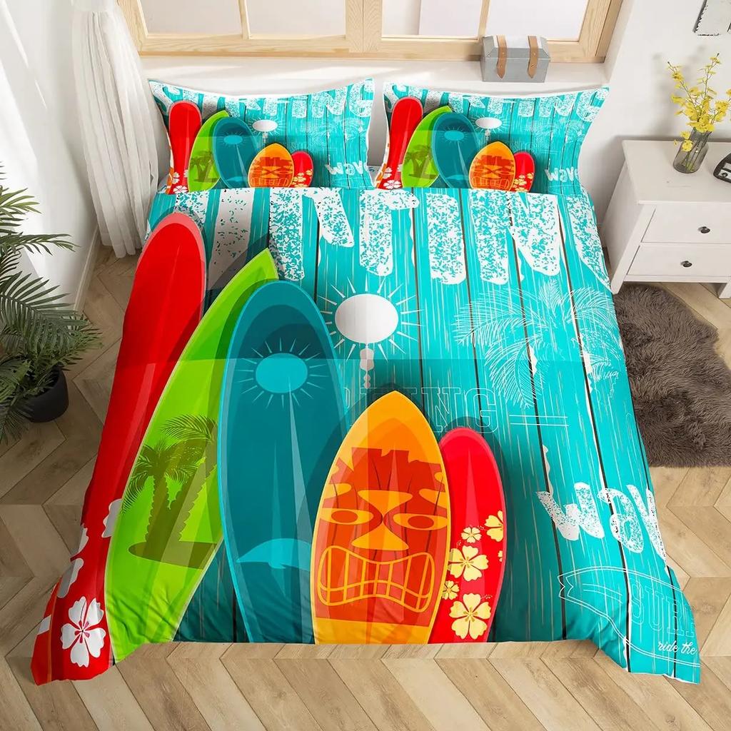 Surf Duvet Cover Set Retro Posters Group Summer Vacation Theme Water Sports California Beach Surfboard Wood Board Bedding Sets