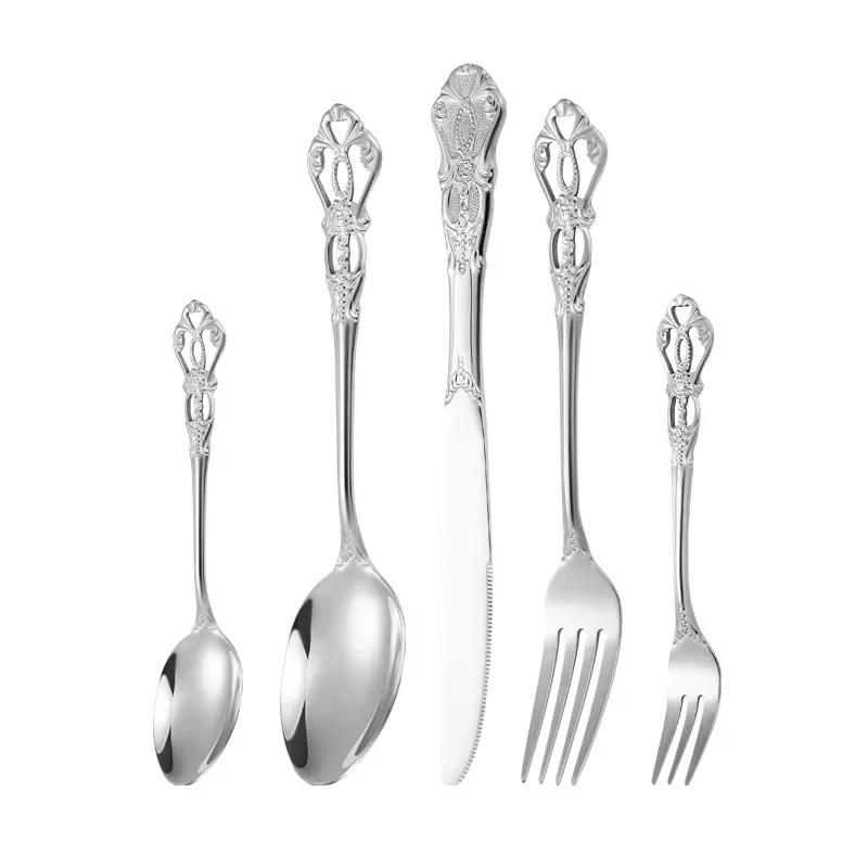 European Style Stainless Steel 4pcs Dinnerware Set - Retro Hollow Design Gold Spoon, Fork and Royal Steak Knife for Home Decor
