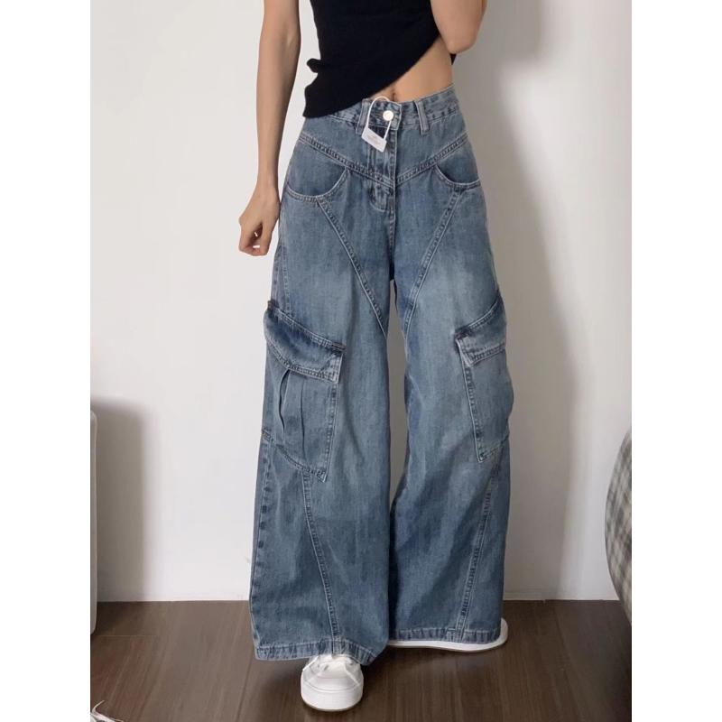 

New American Retro Wide-leg Jeans High Waist Slimming Multi-pocket Design Loose Versatile Work Trousers S синий
