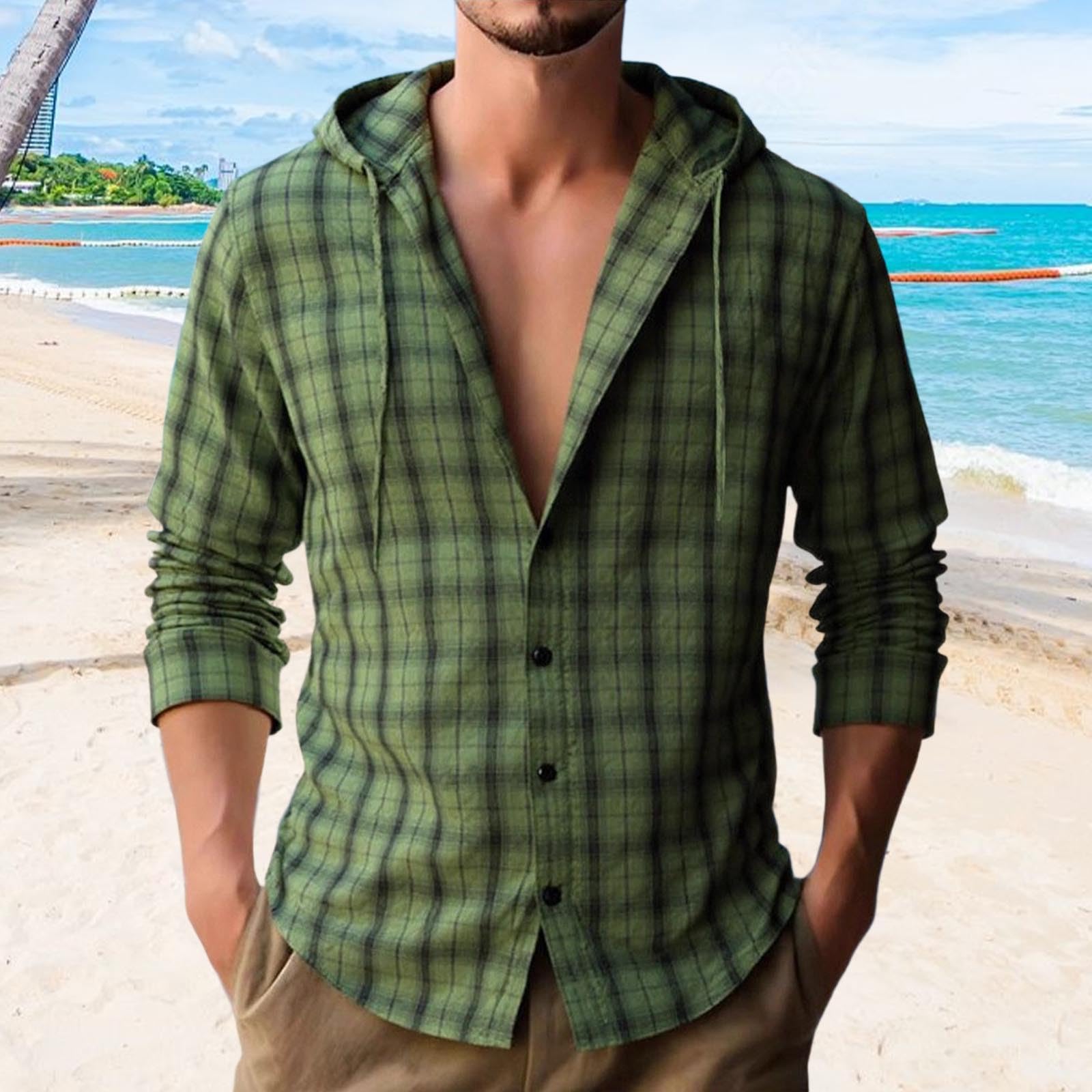 

Мужские клетчатые толстовки на пуговицах, повседневная рубашка с длинным рукавом, легкий пуловер для тренировок, осенние модные наряды L зелёный