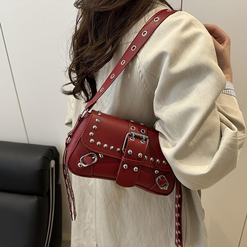 Rivet Leopard Print Personalized New Texture Trendy Design Locomotive One Shoulder Crossbody Armpit Women's Bag