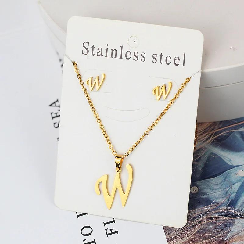 Stainless Steel Letter Necklace Bracelet Earring Zircon Set for Women Alphabet Pendant Necklace Party Gift