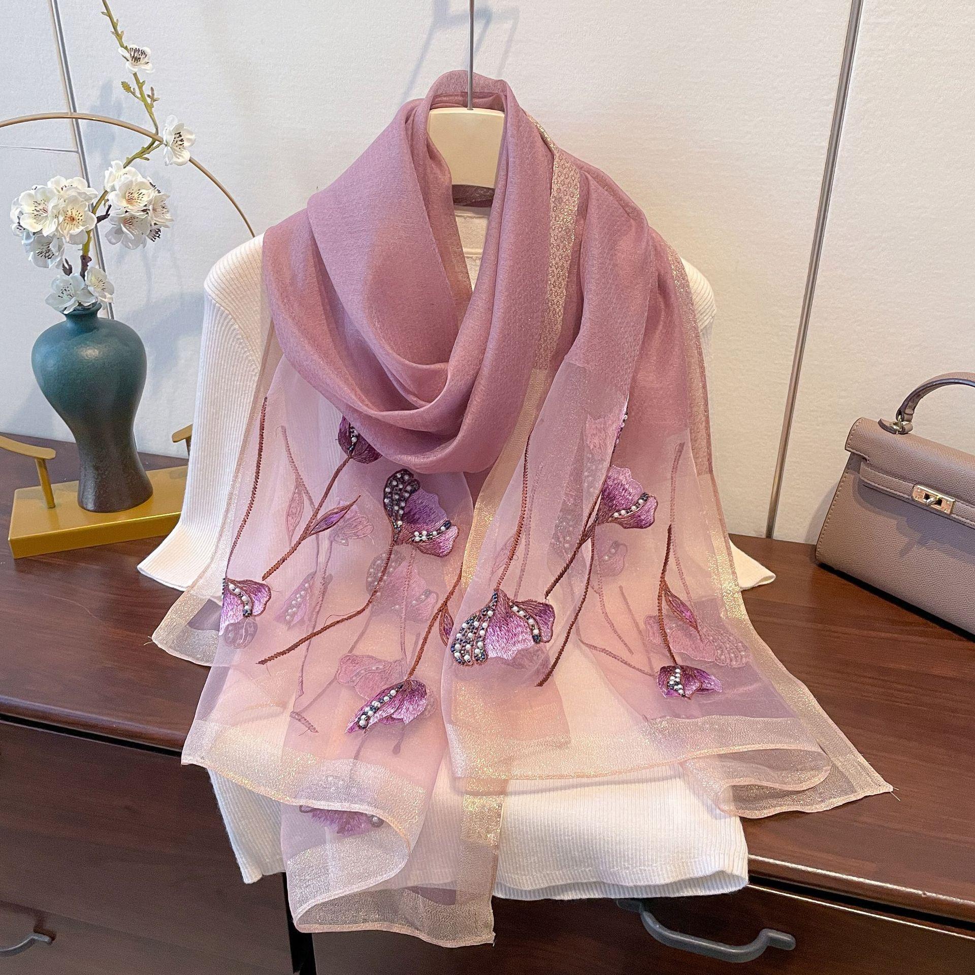

Весняно-літній шовковий шарф, осінньо-зимовий тонкий шарф, жіночий модний шарф з вишивкою бісером, високоякісна шаль 180*70cm фіолетовий