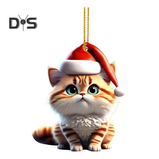Christmas Cat Pendant Acrylic Santa Hat Cartoon Cat Hanging Decoration Key Ring Kitten Pendant Christmas Tree Decor Gift for Cat Lovers