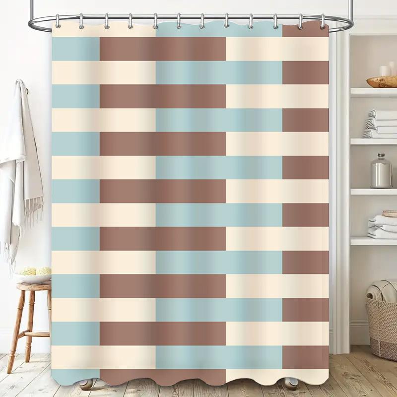 Moderne Badezimmerdeko mit beige-blauen Streifen stilvolles Duschvorhang-Set für Ihr Badezimmer zu Hause oder Gästezimmer