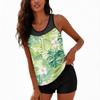 Women’s Sleeveless Tankini Top with Shorts Two Piece Bathing Suit Featuring Tropical Floral Print and Mesh Neckline Design