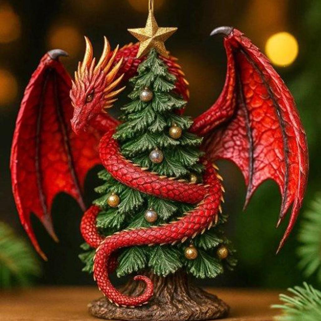 Christmas Ornaments Dragon and Christmas Tree Decor Hangable Holiday Ornament for Living Room Study Office Mantel Wall Staircase