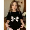 European Sizes Cute Heart and Bow Pattern T-shirt, Round Neck Casual T-shirt, Suitable for Young Girls, Comfortable All Year Round