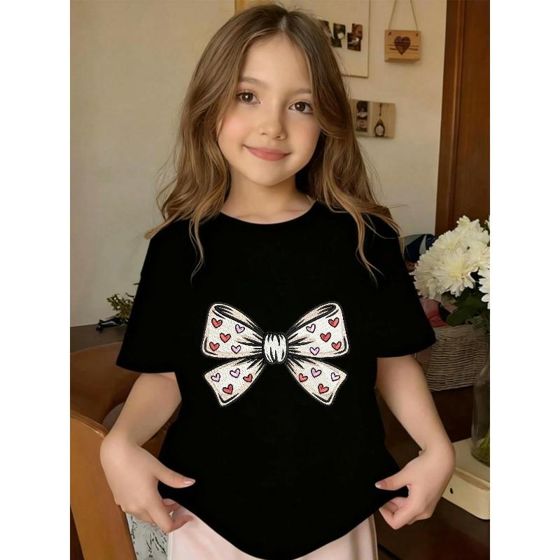 European Sizes Cute Heart and Bow Pattern T-shirt, Round Neck Casual T-shirt, Suitable for Young Girls, Comfortable All Year Round