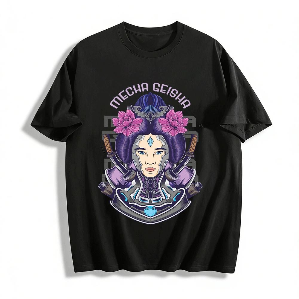 Cyberpunk Mecha Geisha Graphic Tee Futuristic Retro Samurai Top Pure cotton T-shirt XXS