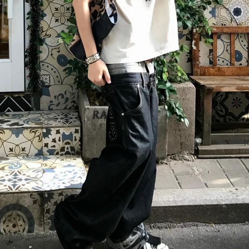 Mens Oversized Straight Leg Denim Jeans Black Vintage Washed Cotton Wide Fit Relaxed Casual Pants