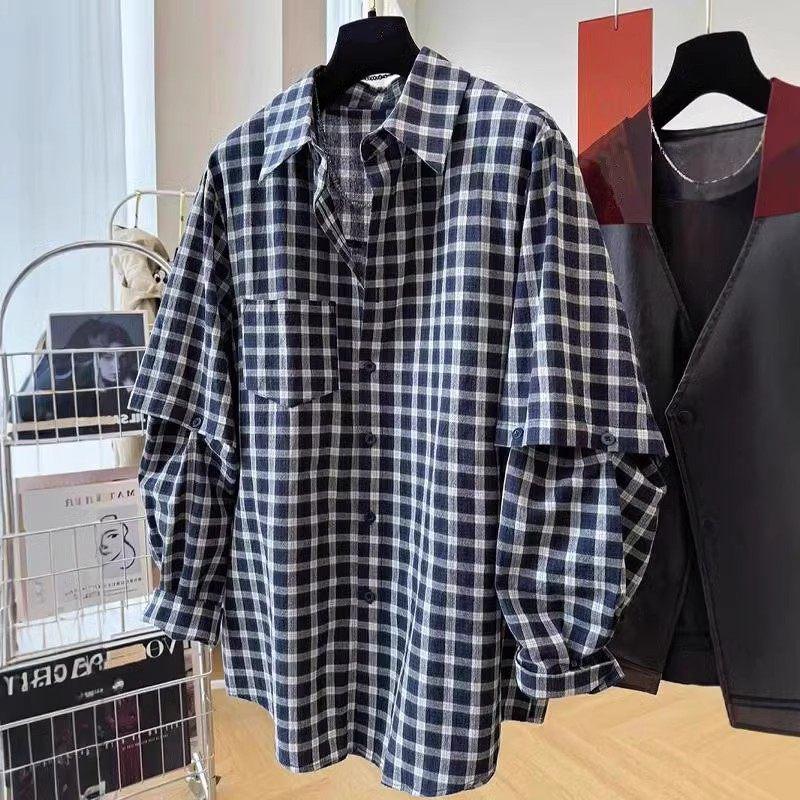 2026 Spring Women s Plaid Long Sleeve POLO Collar Patchwork Shirt 4XL