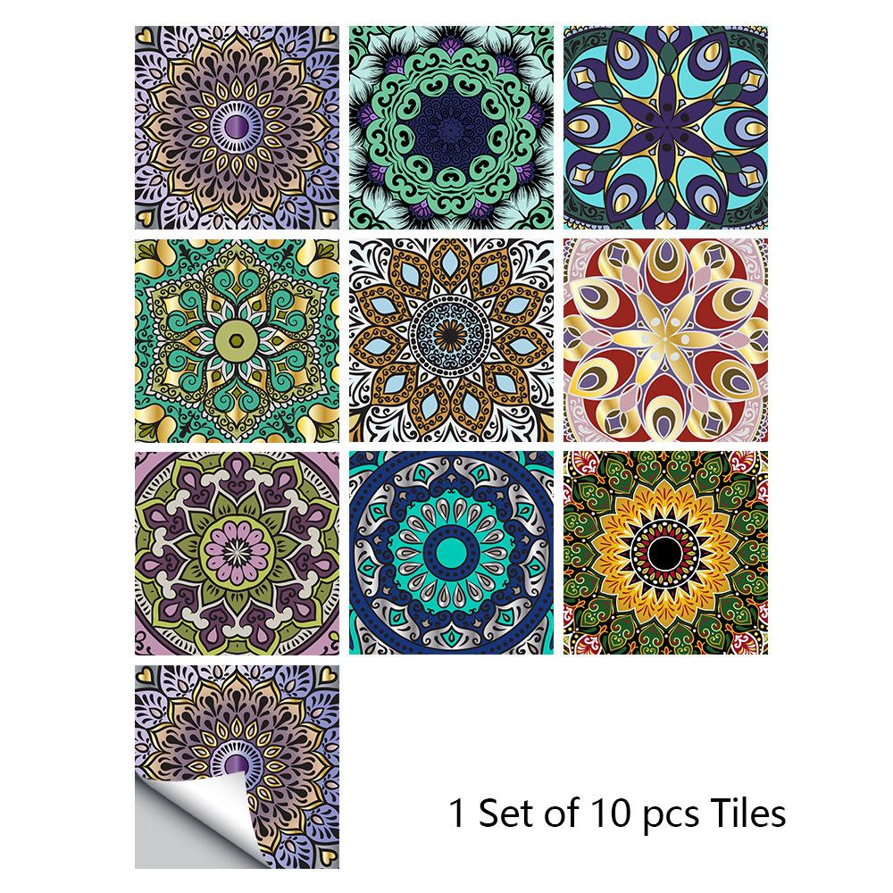 10pcs Mandala Crystal Hard Tiles Ceramic Wall Stickers Peel Stick Decals for Kitchen Wardrobe Home Decor Art Mural DIY