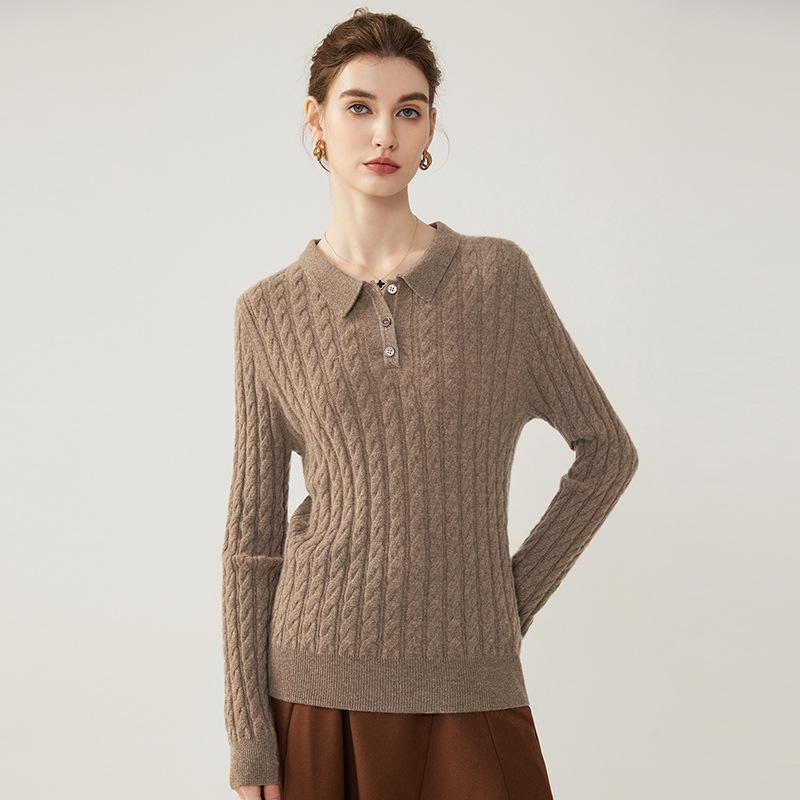 2026 Autumn/Winter Women's Slimming Cable Knit Cashmere Polo Neck Sweater