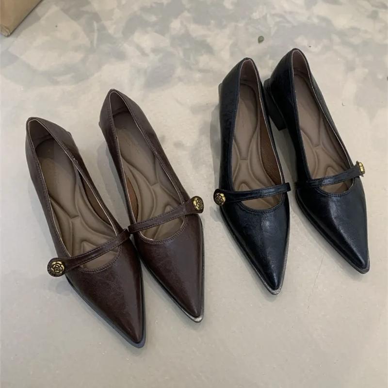 Fashion Sharp Pointed Mid Heeled Mary Jane High Heels, Women's Shallow Shoes, One Button Thick Heels Women Shoes Heels