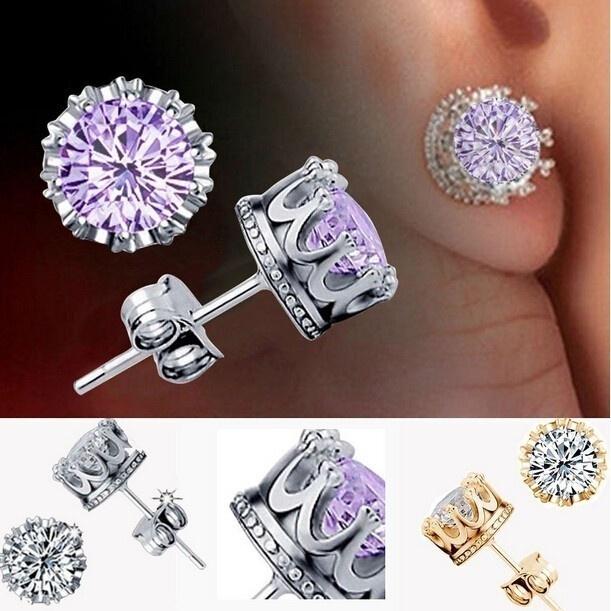 2017 Women Men Fashion 925 Sterling Silver Golg Rhinestone Crown Ear Stud Earrings