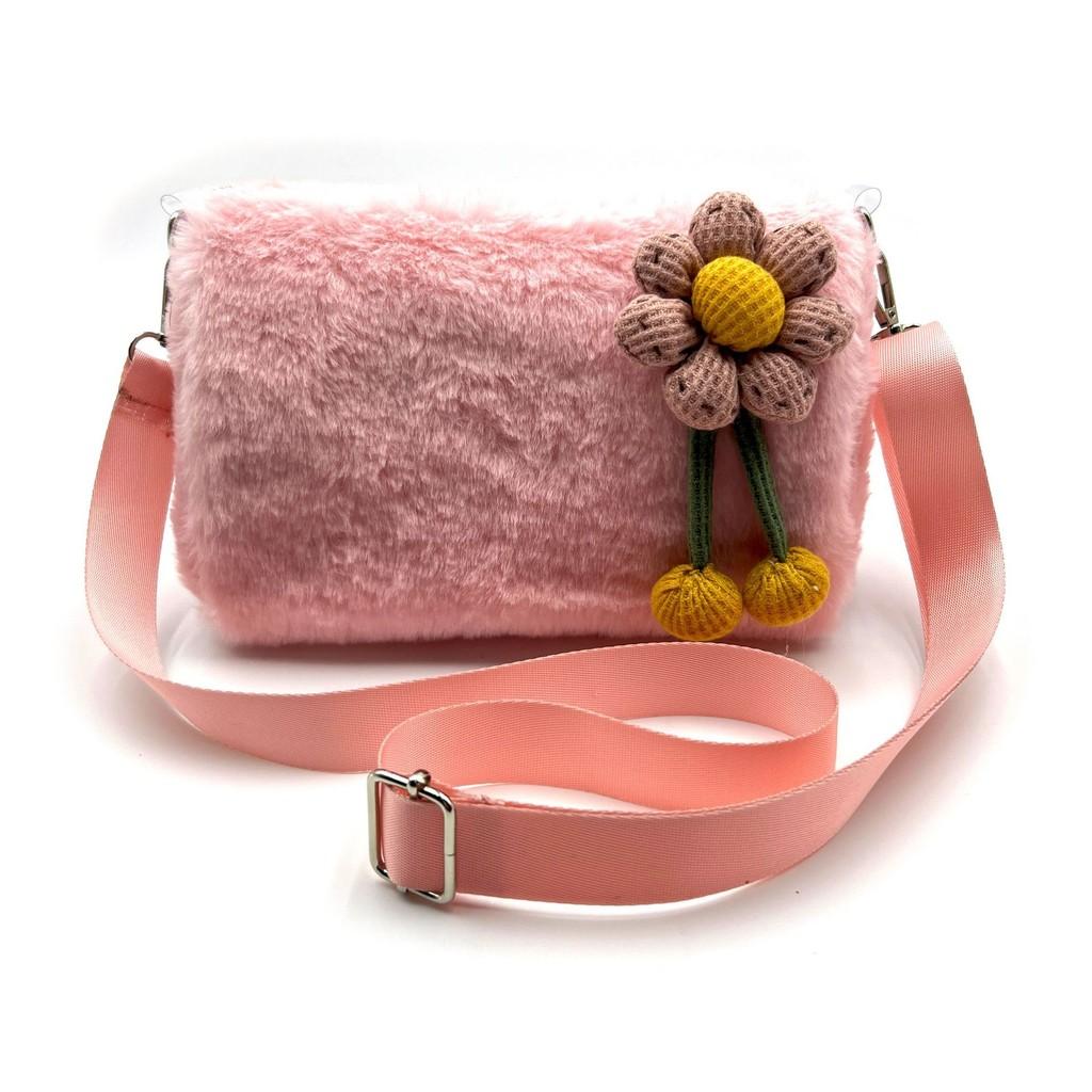 Charming Pink And Purple Plush Bag With Heart And Flower Elements For Kids розовый