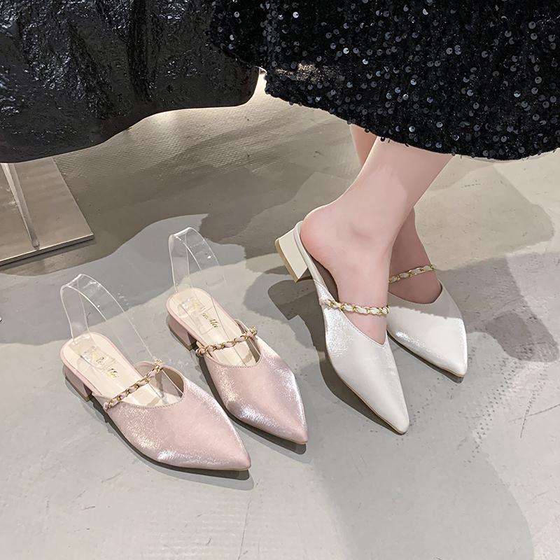 

New Summer Comfortable Headgear Casual Women s Shoes Fashionable and Elegant Square Heel Non-slip Slippers for Women 35 бежевий