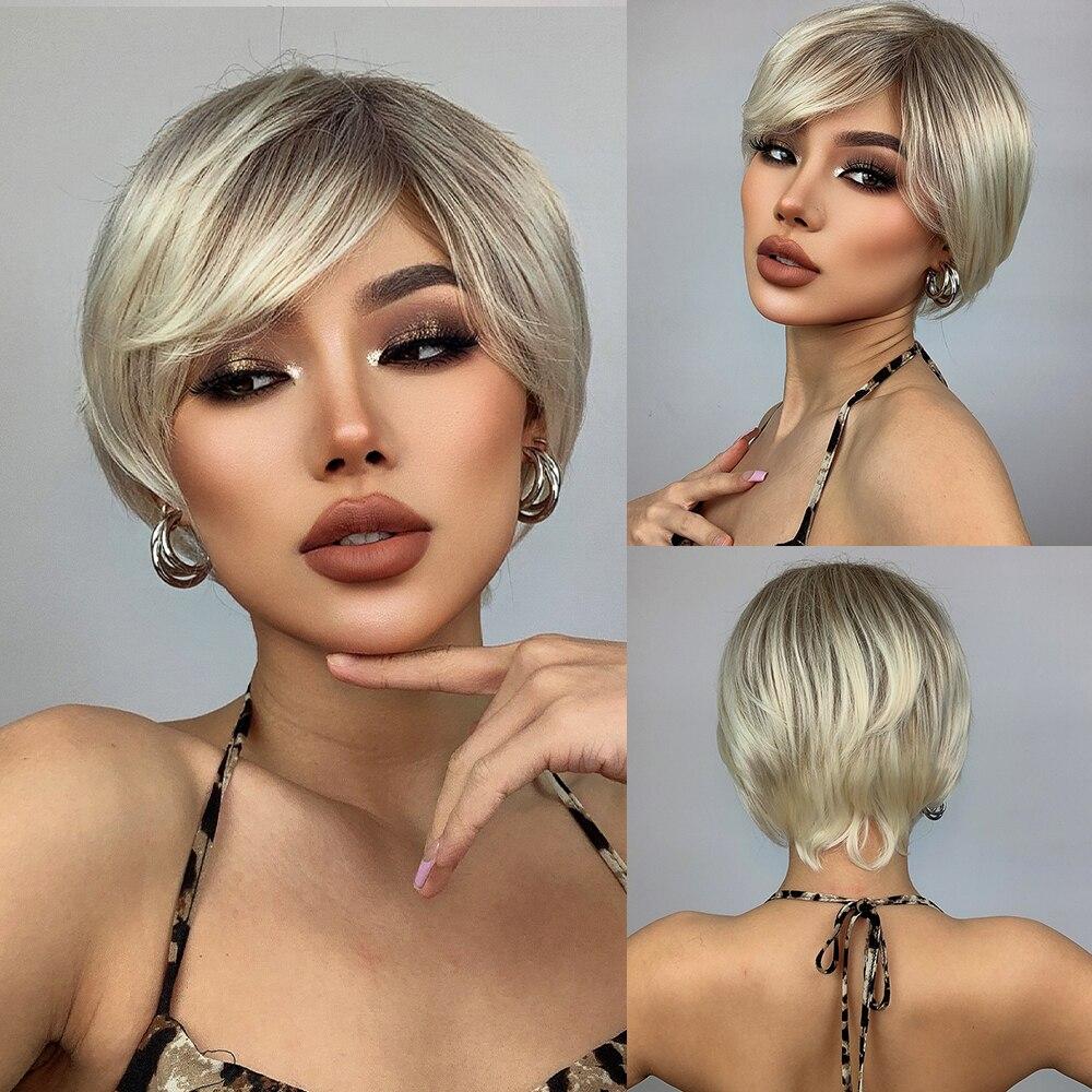 EASIHAIR Krátké rovné paruky Platinum Blonde Ombre Syntetické vlasy Paruky pro ženy Přírodní vlasy Futura Denní paruky odolné vůči teplu