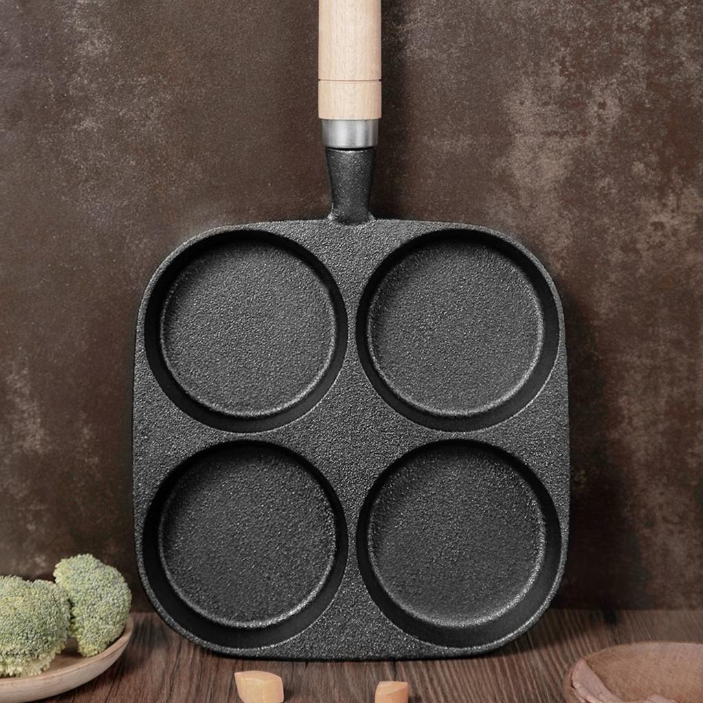 Telssida Cast Iron Four-Hole Egg Pan, Burger Mold, Breakfast Pan, Non-Coated Egg Waffle Pan, Mini Flat Non-Stick Pan