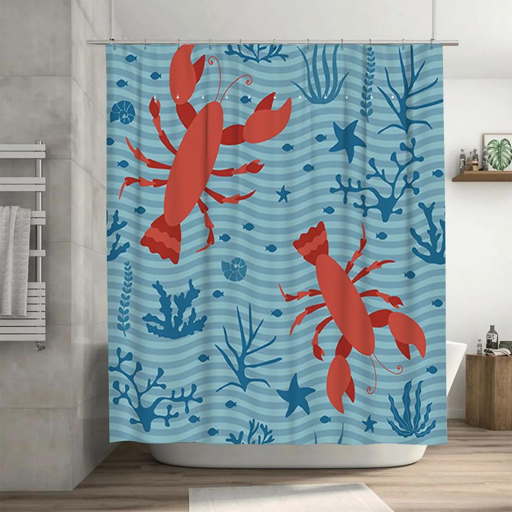Underwater Life Lobster Shower Curtain Blue Red Fishes Marine Decor for Bathroom Waterproof Fabric