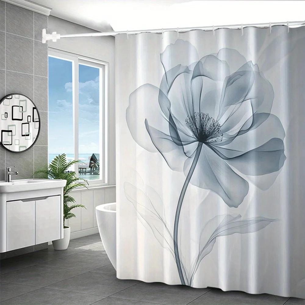 1pc Digital Print Floral Polyester Waterproof Bath Divider with Hooks, Woven Water-Resistant Bathroom Drape, All-Season Decor