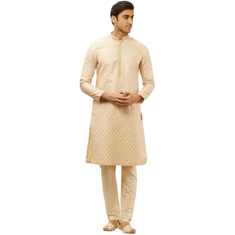 Manyavar Herren Beige Kunstseide JACQUARD Kurta Pyjama Set