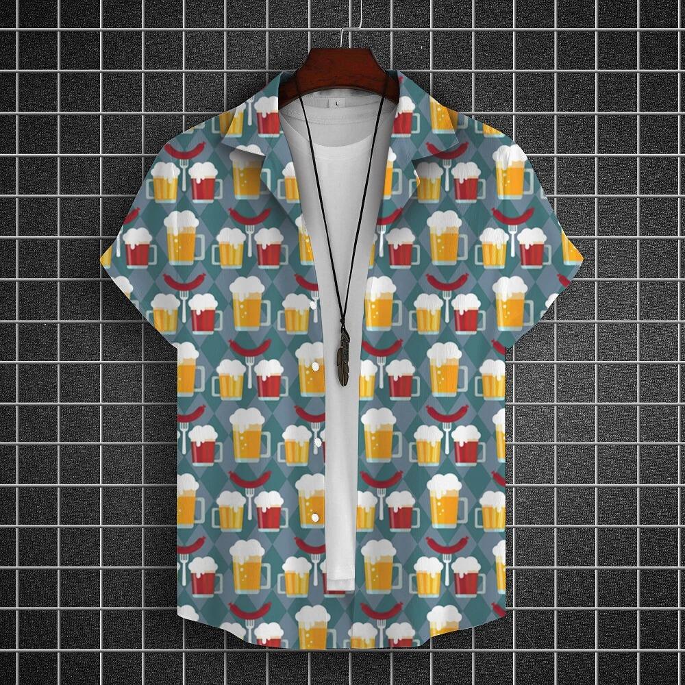 Hawajska Koszula Męska 3D z Nadrukiem Piwa Krótki Rękaw Koszule Koszulka na Imprezę Piwną T-shirty Letnie Codzienne Luźne Oversize Odzież Męska