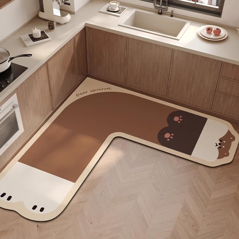 L-shaped Kitchen Carpet Cute Cartoon Diatom Mud Floor Mat Creative Water-absorbing Corner Bathroom Mats Non-slip Washable Rug IG
