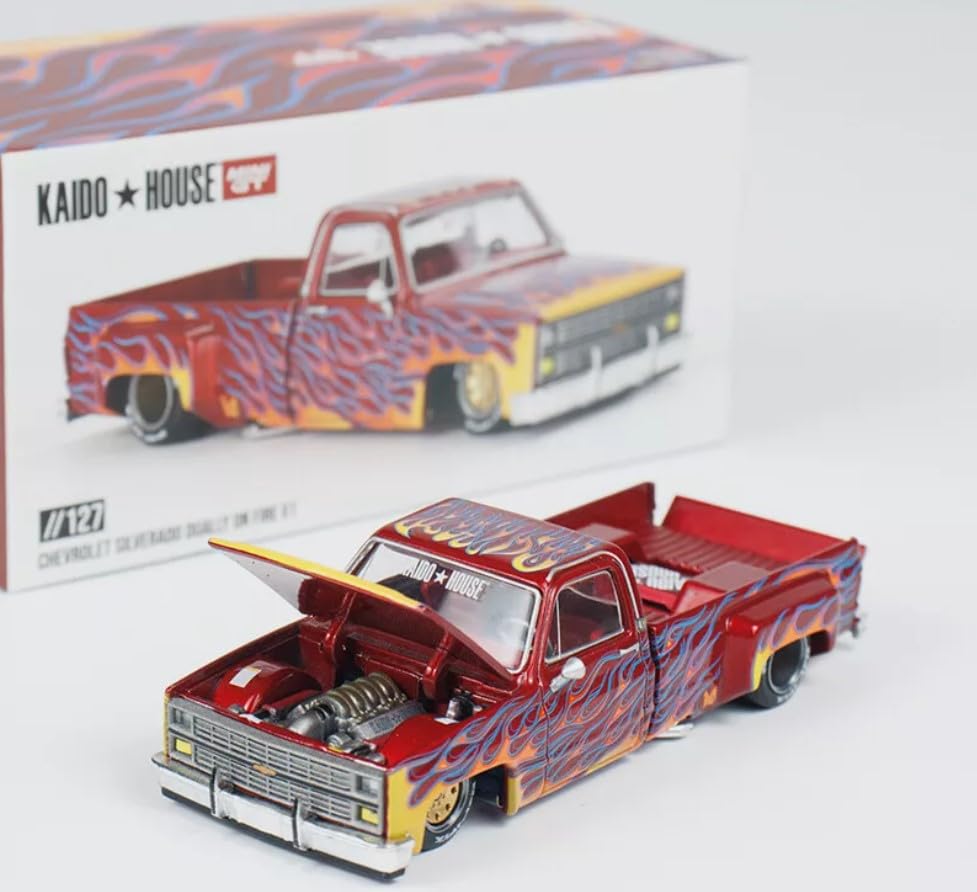 True Scale Miniature Model Car Chevrolet Silverado Dual On Fire V1 Red and Flame Limited Edition Diecast Model Car by Kaido House KHMG127 1/64