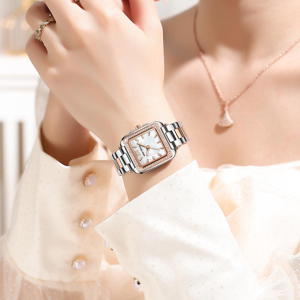 MINIFOCUS Women's Light Luxury Watch with Square Case Mother-of-Pearl Dial Stainless Steel Strap Luminous Hands Relogios