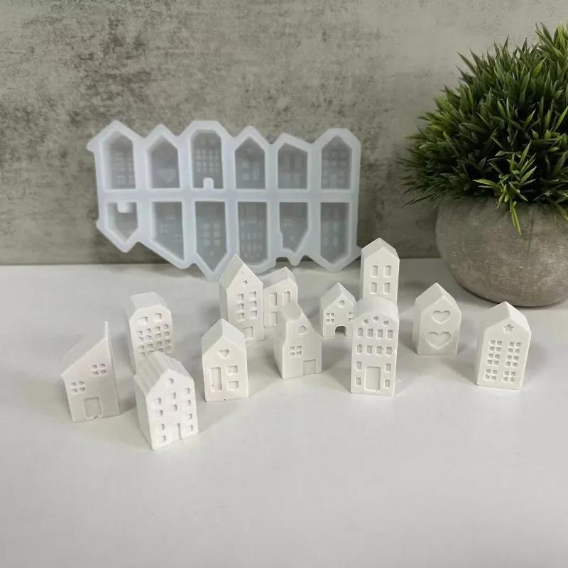Molde de silicona de casa pequeña de estilo nórdico 3D con 12 agujeros para velas, yeso, hormigón, cemento y jabón aromático.