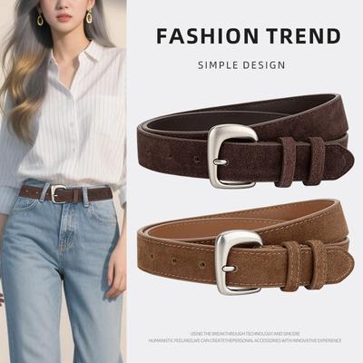 Design Niche Frosted Sued Belt for Women Silver Irregular Pin Buckle Decorative Jeans Waist Belt for Women