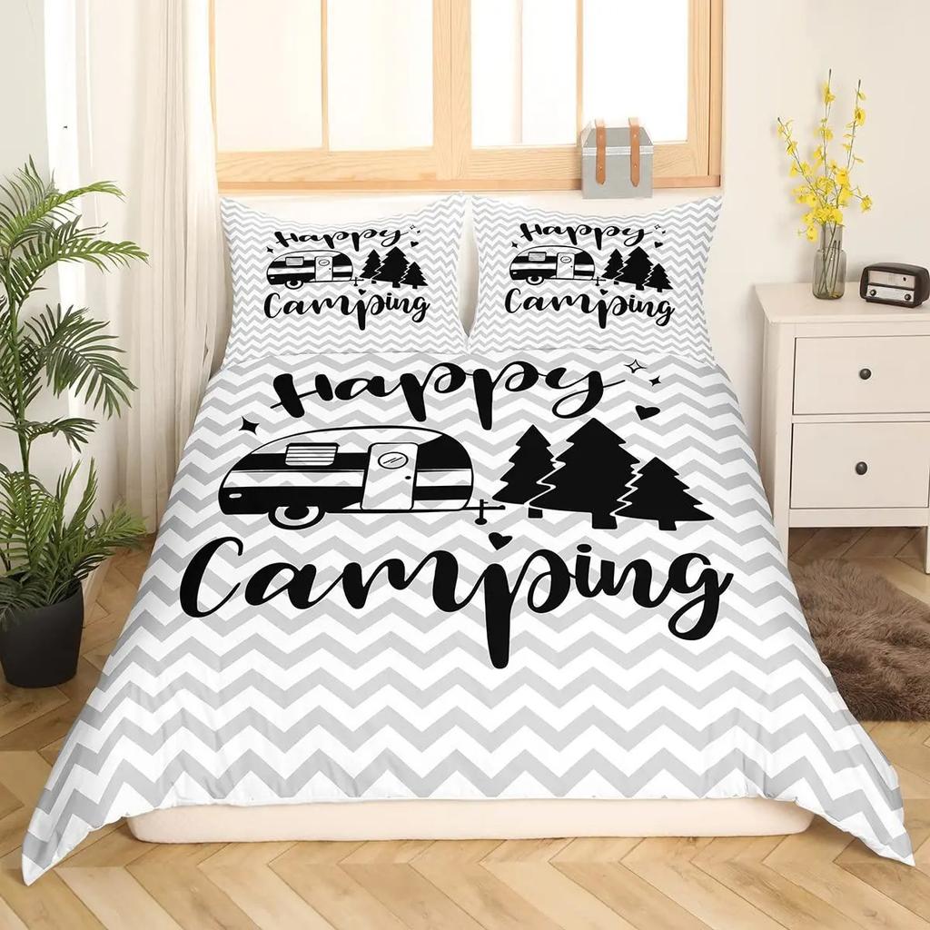 Happy Camping Duvet Set Retro Style Bedding Set Three-Piece Set