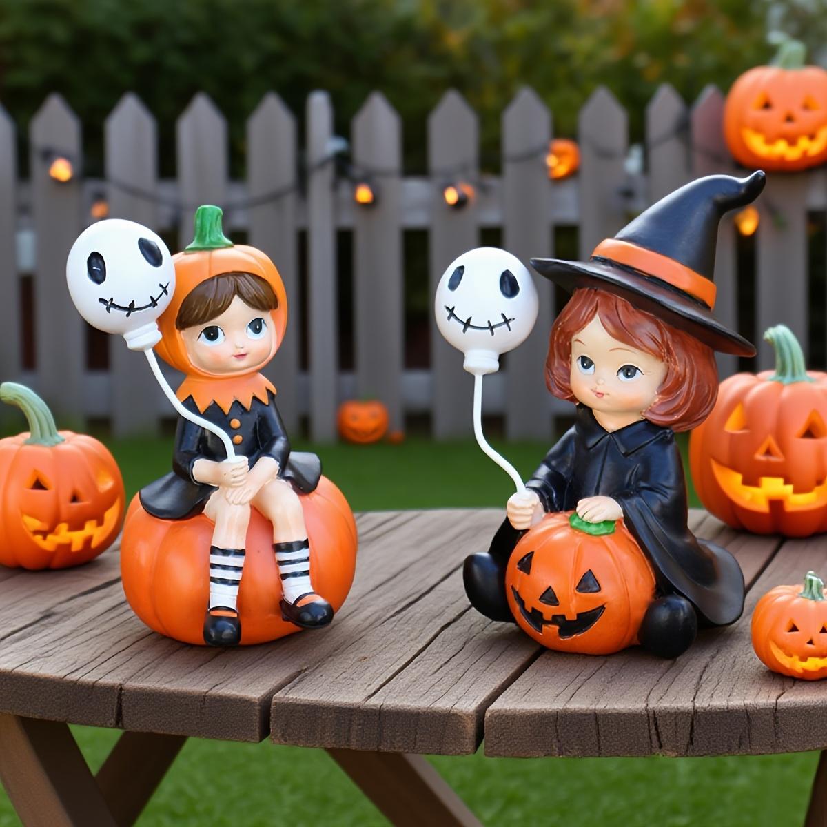 

2pcs Halloween Pumpkin Witch Sister Figurines with Balloons, Resin Handheld Pumpkin Witch Girl Statue for Home Dining Table, Bookshelf Decor