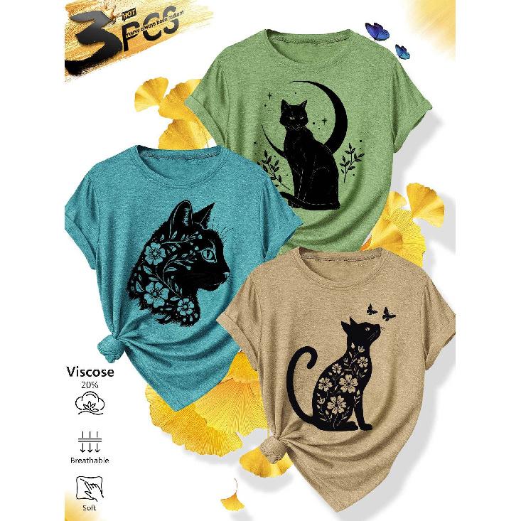 3Matching outfits for sisters  family gatherings Floral silhouette cat forest print casual round neck fresh casual versatile round neck soft knitted 1XL