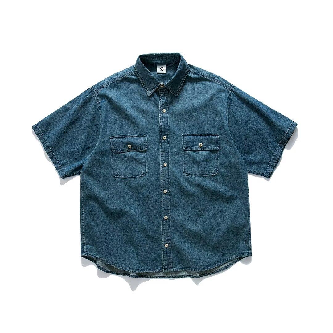 

Рубашка с коротким рукавом мужская летняя японская ретро свободная повседневная рубашка с рукавом пять четвертей модная брендовая рубашка куртка 2XL синий